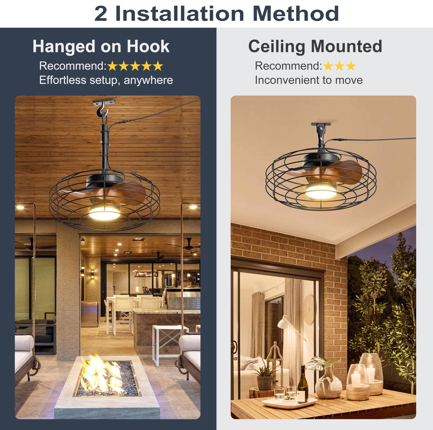 Coolbull Plug and Play Outdoor Ceiling Fans with Lights, 20'' Wet Rated Gazebo Fan Remote/APP Control, Dimmable Hanging Fan for Patio Pergola, Wood Color