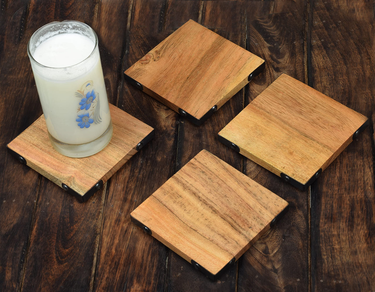 Samhita Acacia Wood Square Coasters Protection Tabletop,Countertop and Surfaces Size: 4" x 4", Set of 4