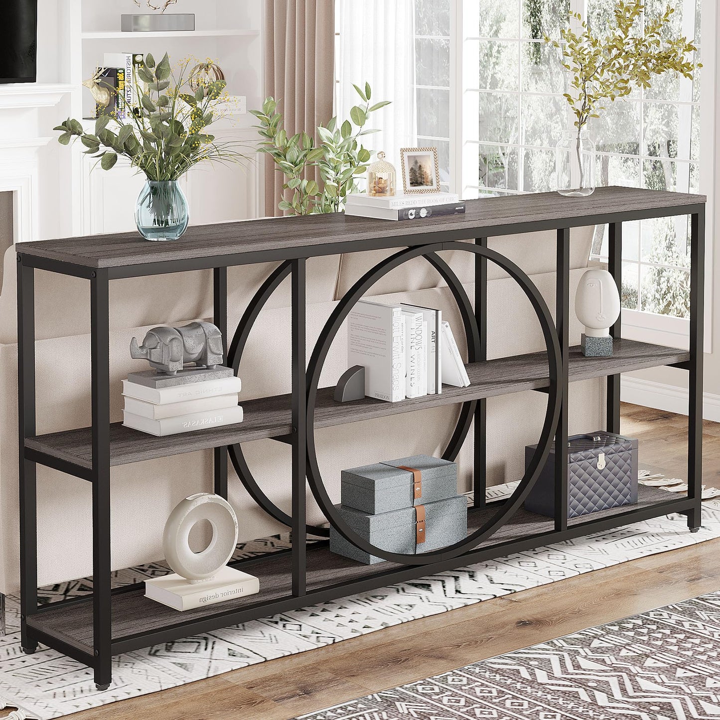 Tribesigns 70.9 inch Sofa Console Table, Extra Long Narrow Entryway Tables with 3 Tier Wood Storage Shelves Metal Frame for Foyer Hallway Living Room Behind Couch, Black Rustic Gray