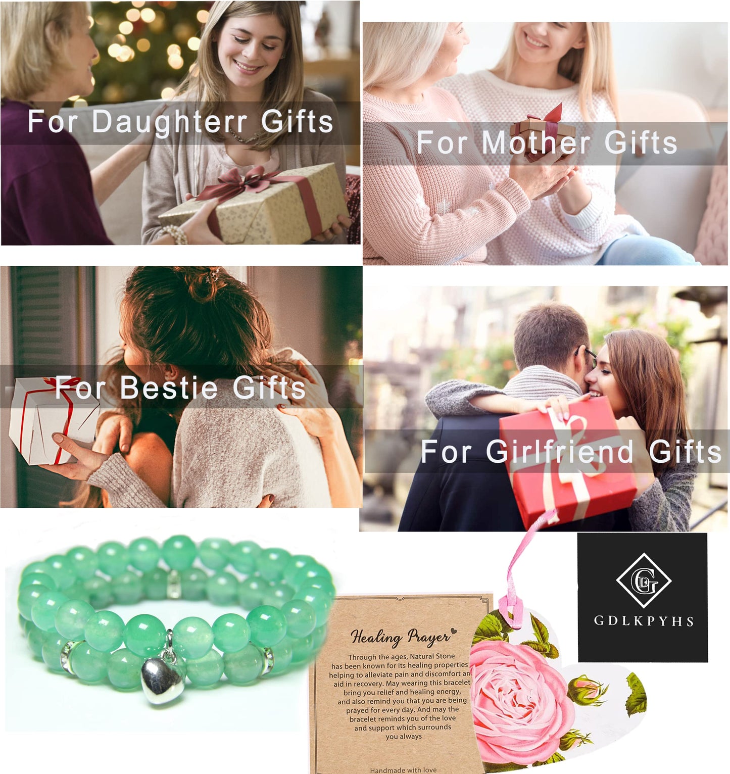 GDLKPYHS Healing Bracelets for Women - Green Aventurine Bracelet - Healing Prayers Crystal Bracelet, 8mm Natural Stone Stress Relief Yoga Beads Get Well Soon Gifts