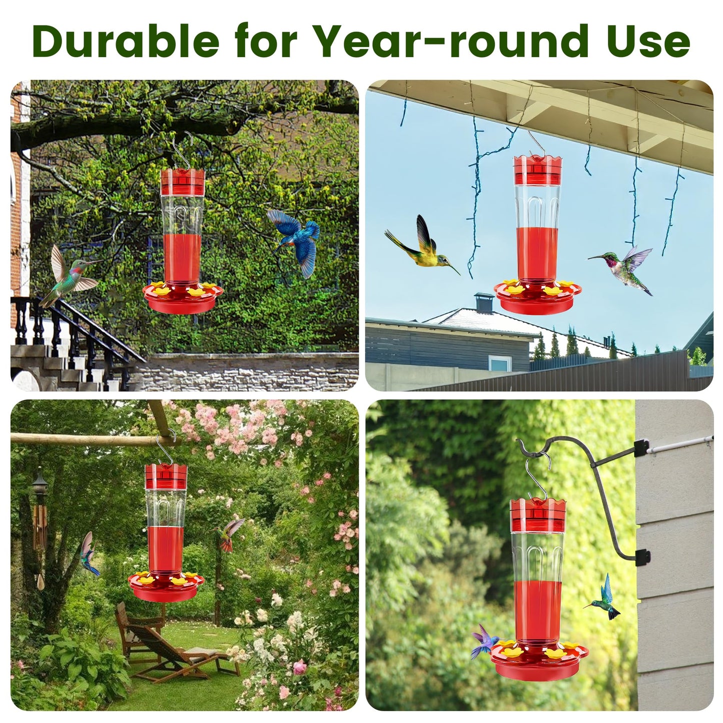 Plastic Hummingbird Feeders for Outdoors Hanging Ant and Bee Proof, 2 Pack 15 Ounces Red Hummingbird Feeder with 5 Feeding Ports and Perches, Built-in Ant Moat, Outside Garden Décor (Plastic, 2)