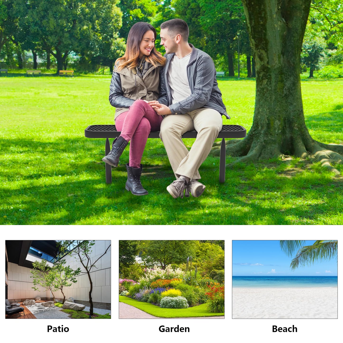 4 Ft Metal Park Benches for Outside, Outdoor Backless Bench with Thermoplastic Coating, Inground Mounted, Commercial Expanded Metal Mesh Bench for Shopping Mall, Store, Park, Patio, Deck, Black