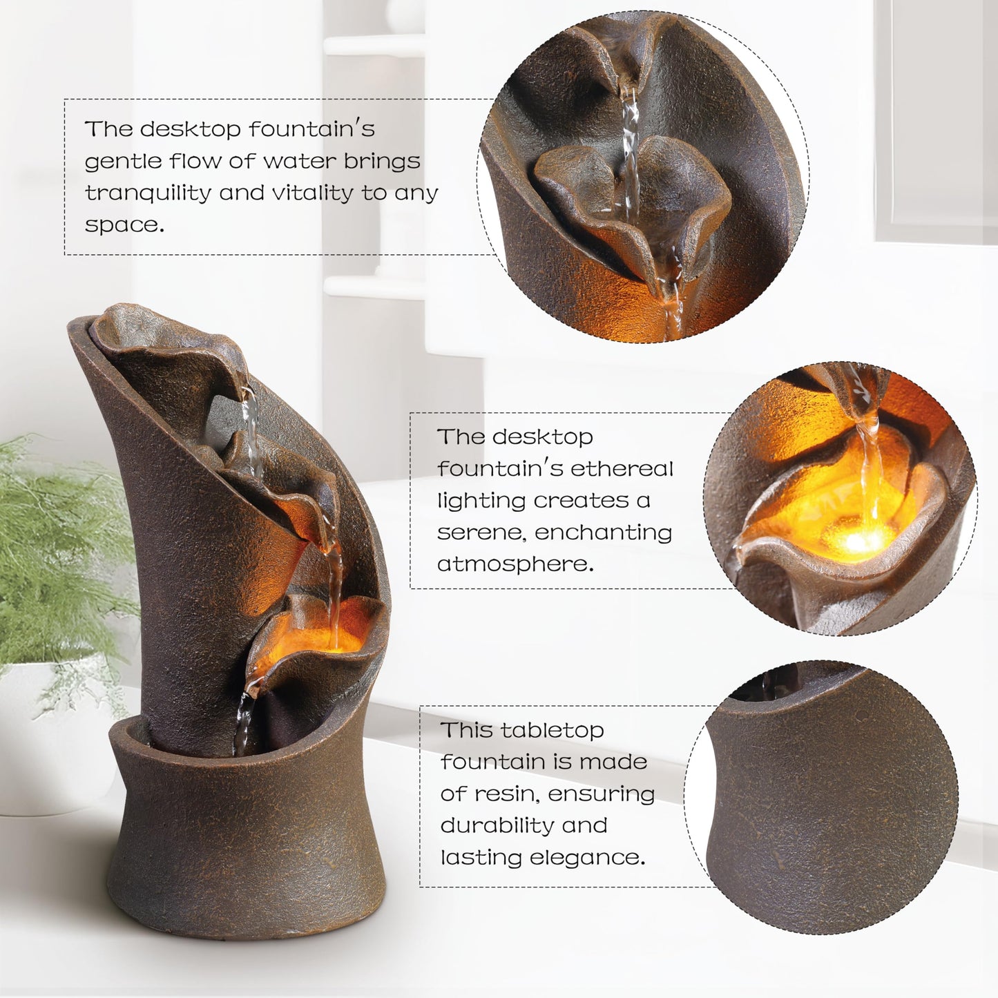 Kalona Tabletop Waterfall Fountain, 3-Tier Indoor Water Fountain for Home Office Decor, Relaxing LED Fountains with Artistic Stone-Look Design for Meditation (23005)