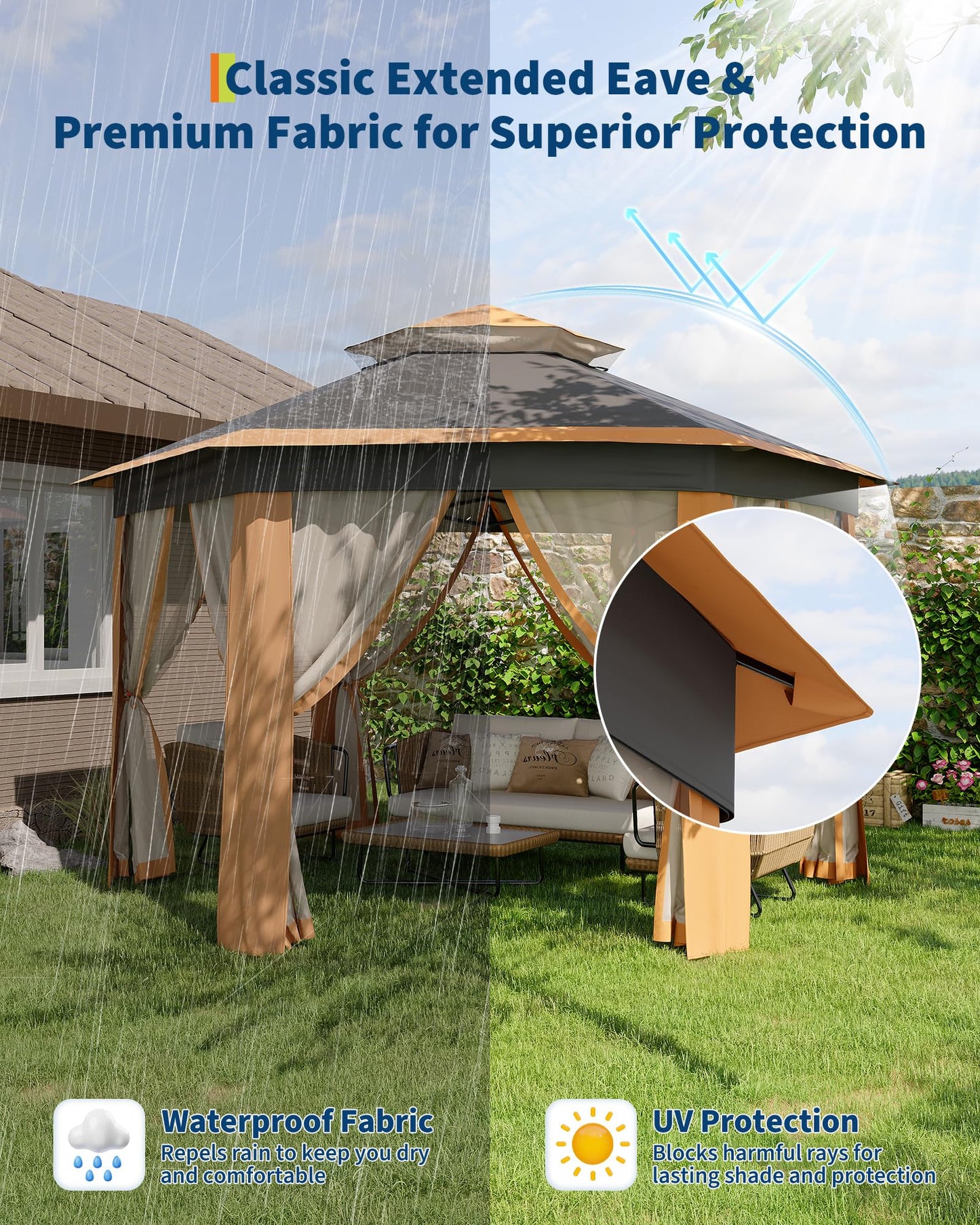 GarveeLife 13'x13' Pop-Up Gazebo, Outdoor Hexagonal Patio Gazebo with Mosquito Netting, Instant Setup Canopy Tent with Strong Steel Frame and Sandbags, for Backyard, Gardens, Patio (Khaki)