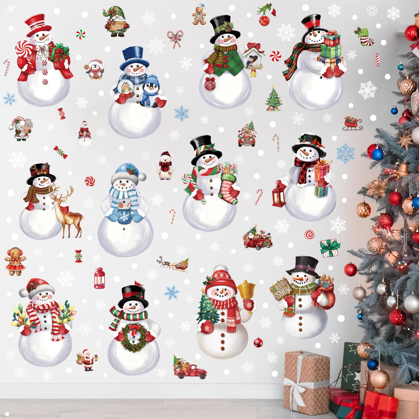 12 Sheets Christmas Snowman Wall Stickers Decorations, Xmas Wall Decals Holiday Snowman Snowflakes Floor Wall Vinyl Stickers for Living Room Bedroom Home Office Decor