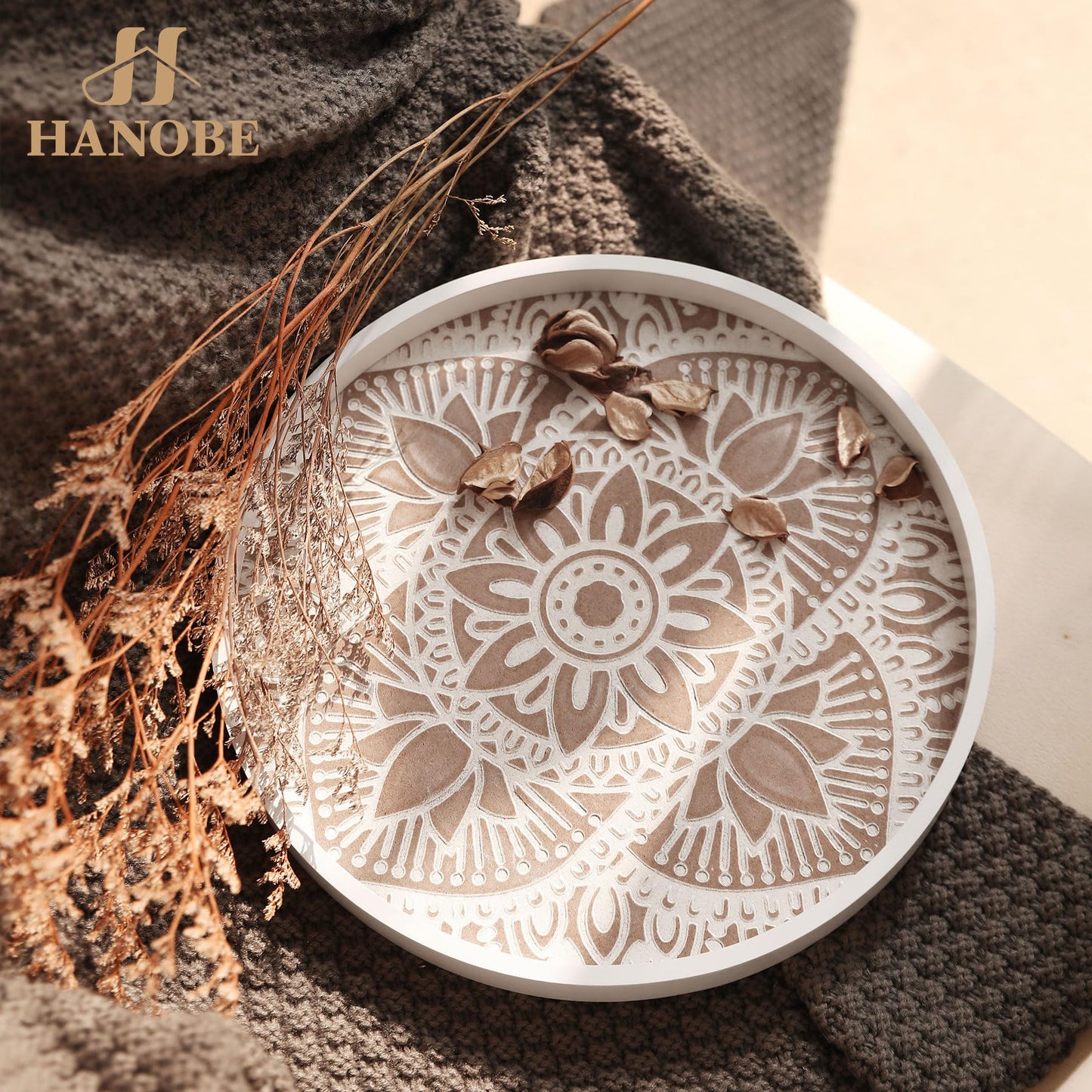 Hanobe Decorative Serving Tray Round: Farmhouse Coffee Table Decor Boho White Mandala Trays for Living Room Kitchen Bathroom Display