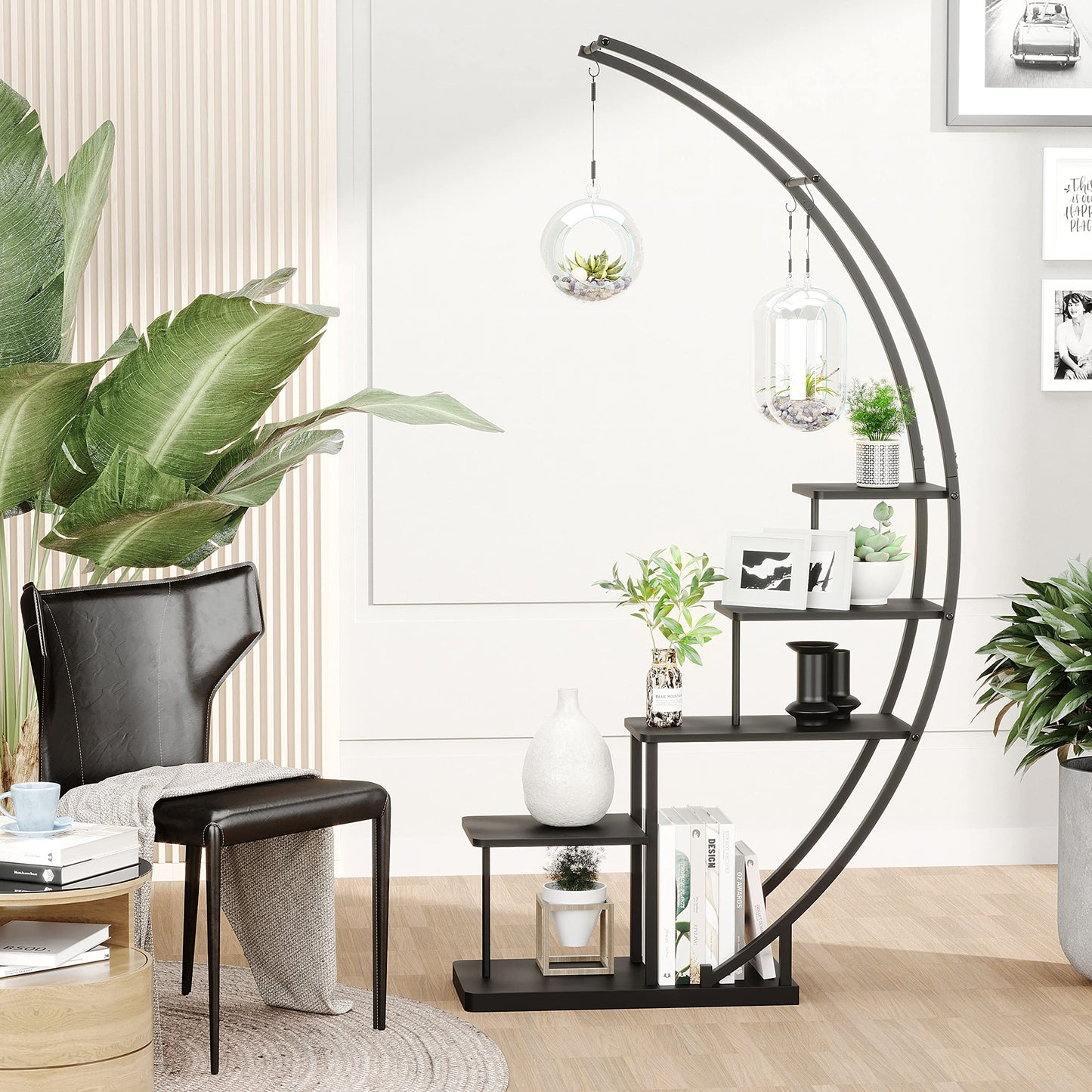 5 Tier Metal Plant Stand Indoor, 67.25“ Tall Half Moon Shape Multiple Stand Holder Shelf Planter Display, Hanging Shelf Flower Stand Ladder for Patio Garden Living Room, Black Set of 2