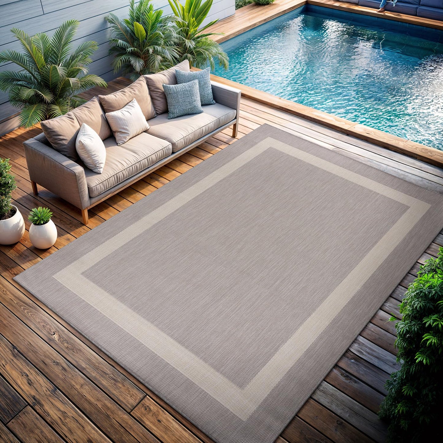 CAMILSON Outdoor Rug 6x9,Modern Outside Rugs for Patios Porches Waterproof Durable Washable Non-Shedding, Easy-to-Clean Indoor Outdoor Area Carpet (6 x 9, Bordered - Gray/White)