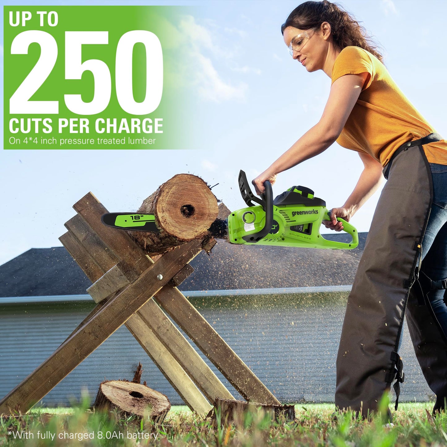 Greenworks 40V 18" Brushless Cordless Chainsaw (Great For Tree Felling, Limbing, Pruning, and Firewood), 8.0Ah Battery and Rapid Charger Included