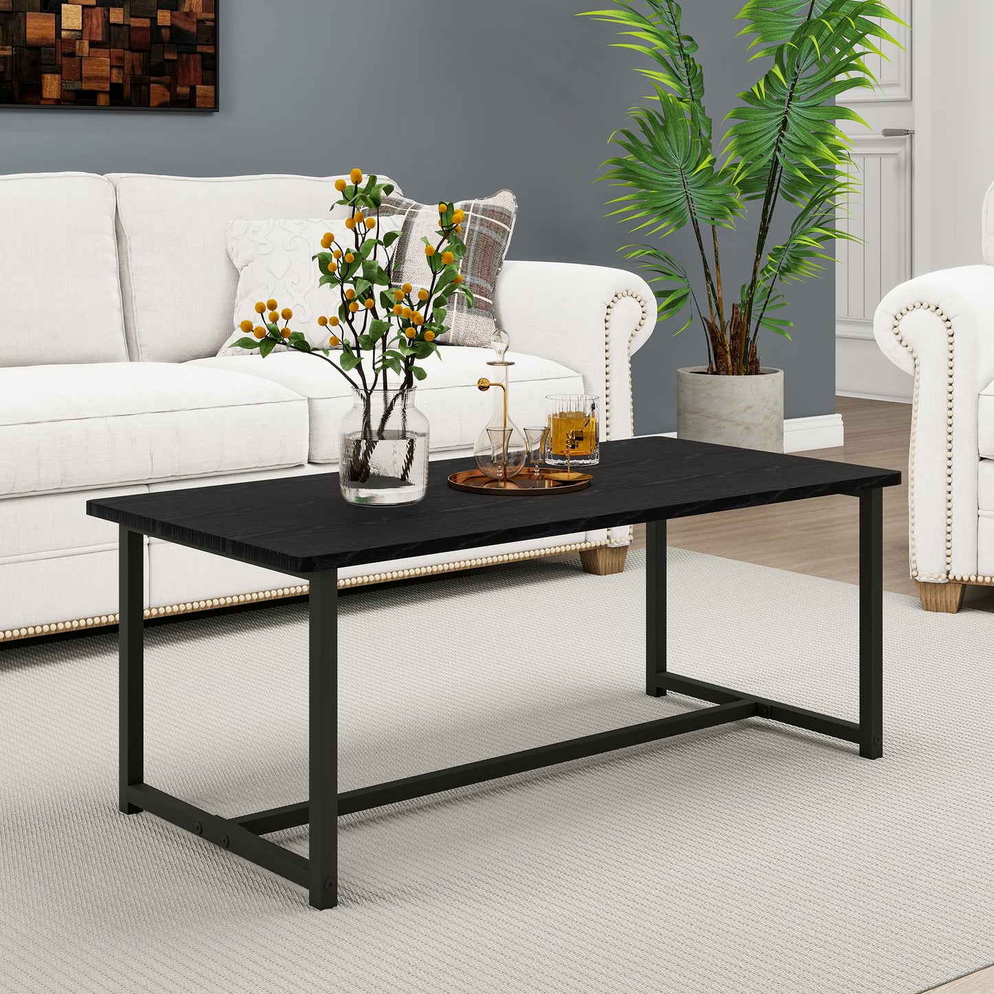 VERFARM 35.4" Rectangular Coffee Table for Living Room, Modern Industrial Style Coffee Table Center Table with Metal Frame for Small Space, Apartment, Office, Easy Assembly, Black