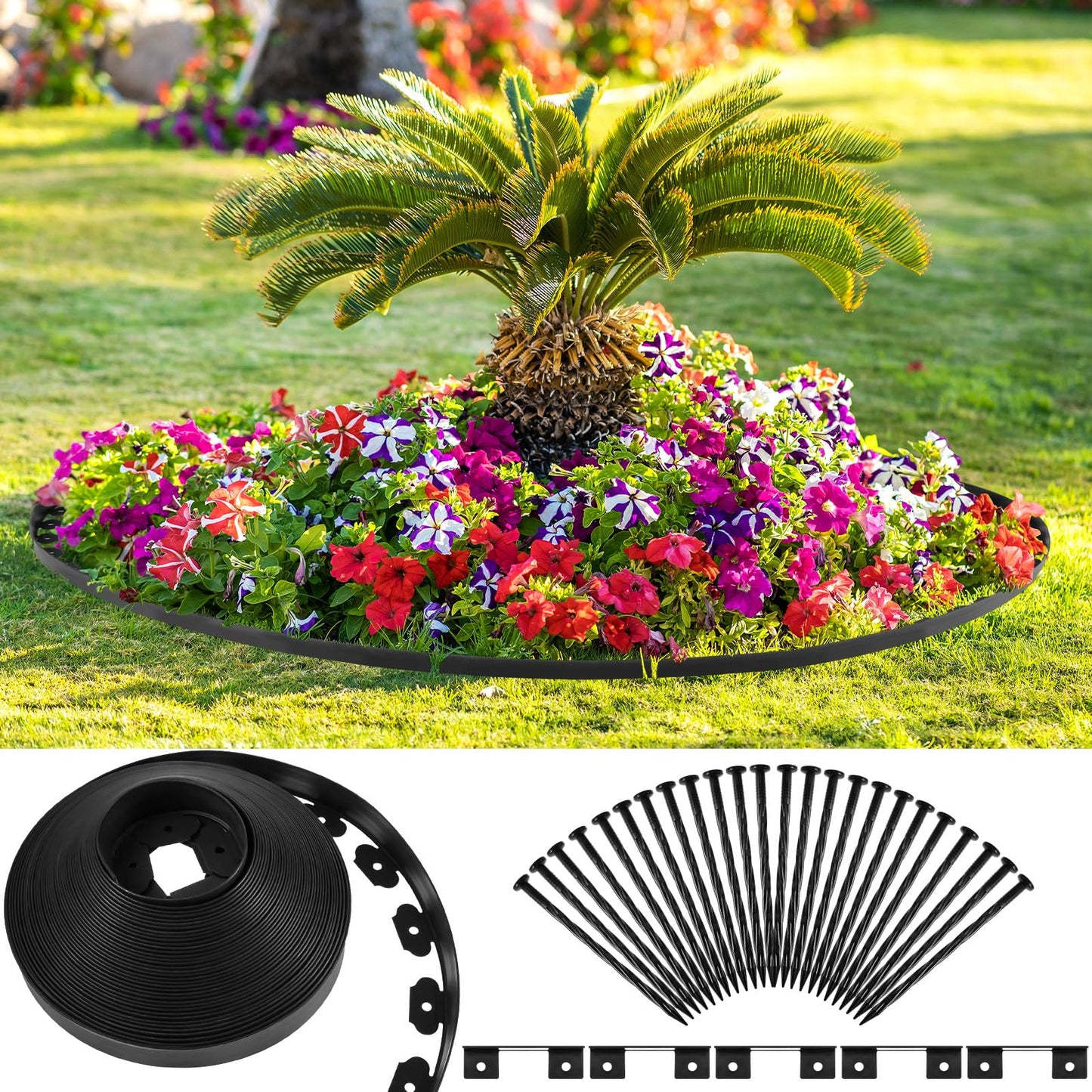 Sasylvia 2'' x 200' Landscape Edging Kit Edging Border Coil Include 120 Anchoring Spikes 10 Connectors Plastic Garden Border for Lawn Garden Grass Yard Home(Black)