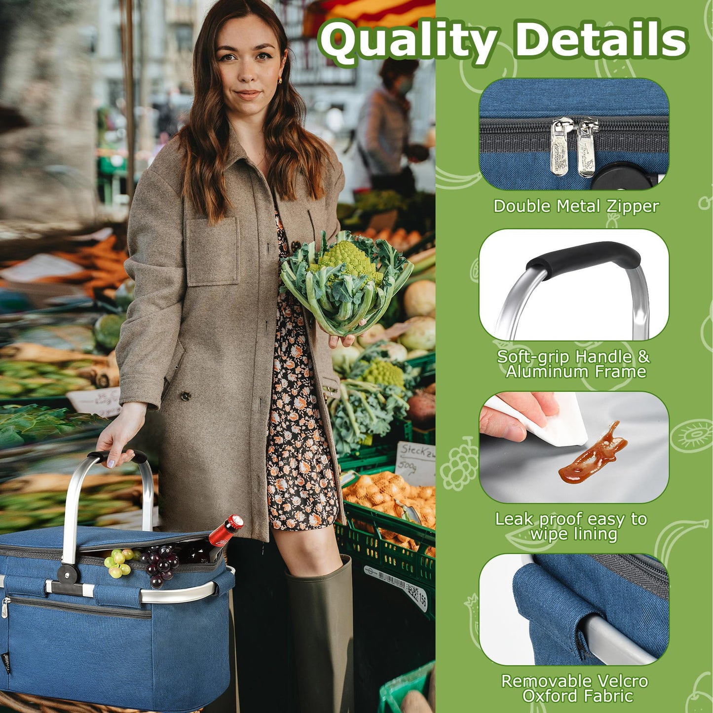 Tirrinia Large Insulated Picnic Basket, 34L Water Resistant & Leakproof Collapsible Portable Cooler Basket Set with Aluminium Handle for Travel, Shopping, Camping,Foldable Grocery Bag, Blue