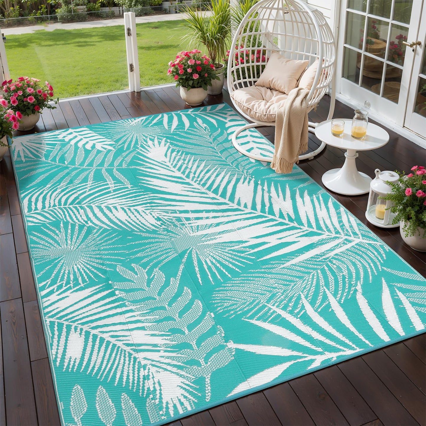 HiiARug Outdoor Rug for Patios Clearance, 6x9 Waterproof RV Rugs for Outside, Reversible Plastic Straw Mat Large Quick Drying Outdoor Rugs for Deck Trailers Campers Porch Beach Backyard,Teal & White