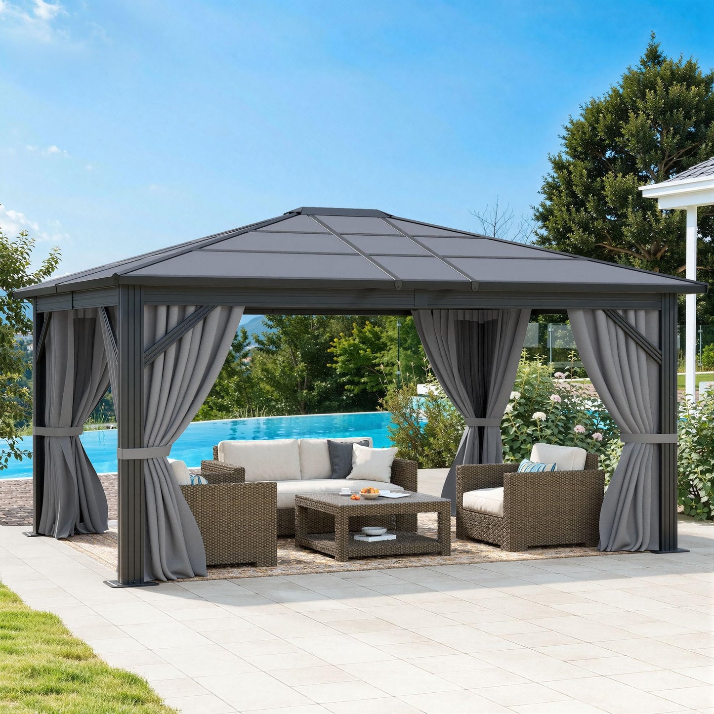 DWVO 10x12ft Gazebo Hardtop Double Roof Polycarbonate Canopy Outdoor with Netting and Shaded Curtains, Metal Frame Garden Tent for Patio, Backyard, Deck and Lawns, Gray