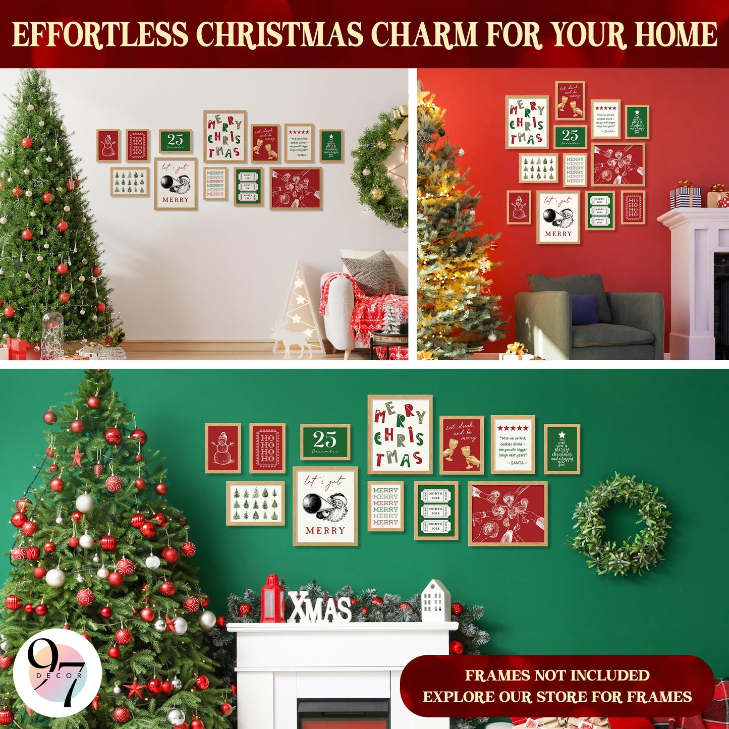 97 Decor Retro Christmas Prints Unframed - Trendy Christmas Posters For Room Aesthetic, Classic Holiday Artwork Winter Pictures, Funny Merry Xmas Painting Santa Pine Tree Gallery Wall Art For Bedroom