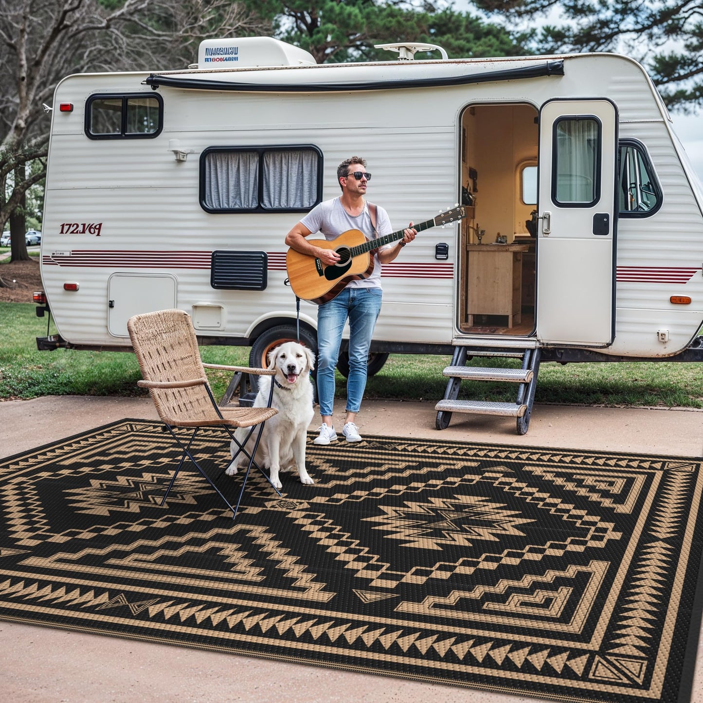 GENIMO Outdoor Rug for Patio Clearance - 5x8 ft Waterproof Plastic Camping Rugs, Reversible Outside Rv Mat Carpet for Porch, Deck, Picnic, Balcony, Beach, Backyard, Black Brown