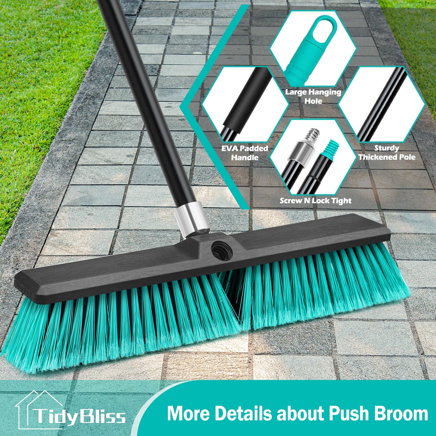 TidyBliss 18” Push Broom Outdoor Heavy Duty, Large Commercial Stiff Bristle Brush with 63 inches Long Handle for Garage Shop Garden Yard Patio Deck Street Warehouse Lawn Driveway (Green)