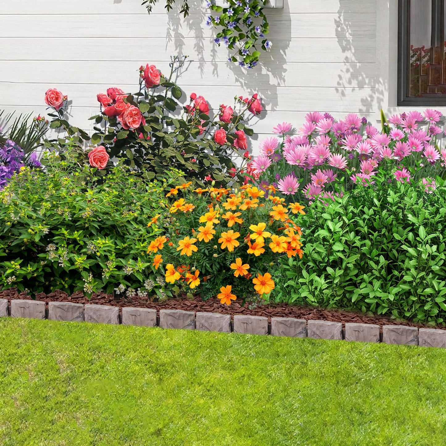 Landscape Edging Faux Stone Garden Edging Border,17FT x 2.75 in Tall Decorative Stone-Look Garden Border for Flower Bed Edging,Lawn,Landscaped Yard,Trees and Gardens,with Anchoring Spikes,Brown