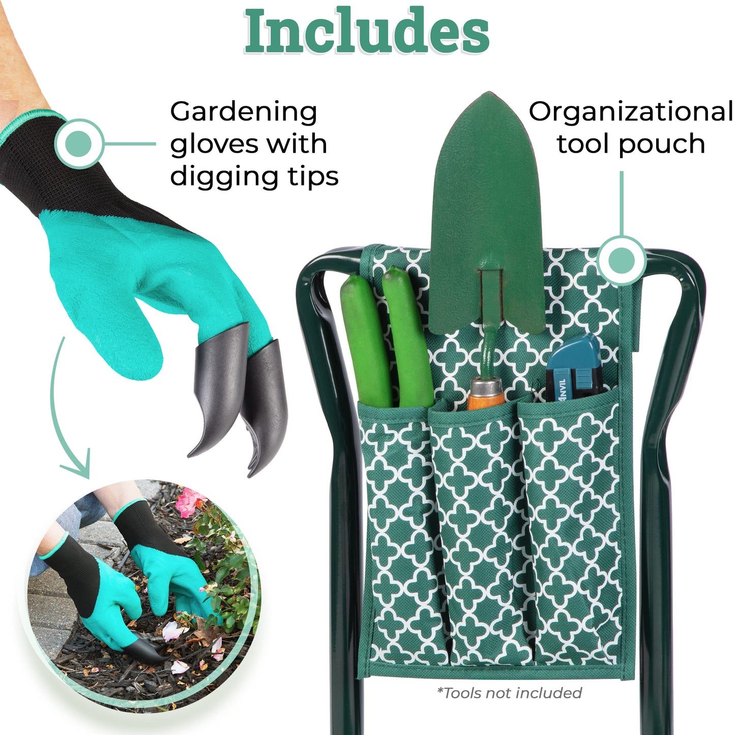 Garden Kneeler And Seat - Protects Your Knees, Clothes From Dirt & Grass Stains - Foldable Stool For Ease Of Storage - EVA Foam Pad - Sturdy and Lightweight - Bench Comes With A Free Tool Pouch!