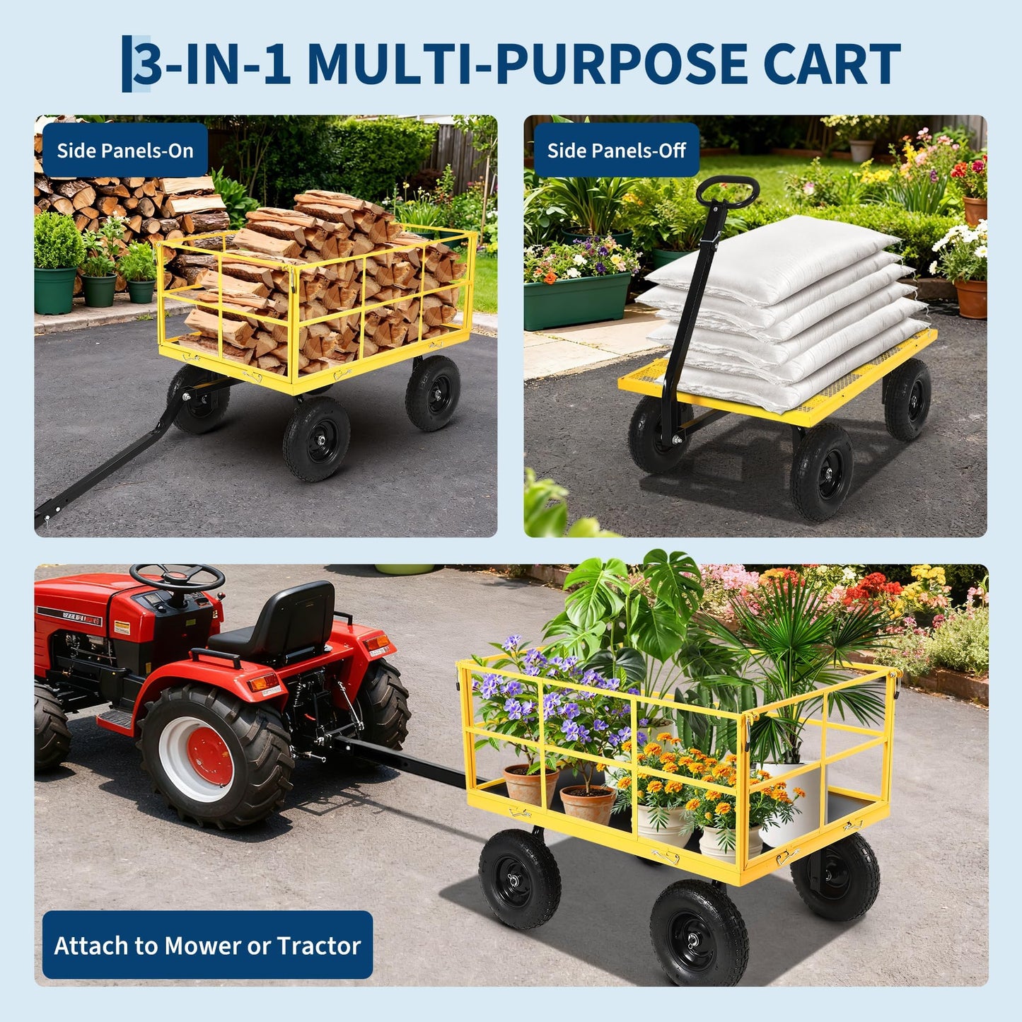 Garvee 1500 LB Garden Wagon Cart with 13 in All Terrain Tires, 3-in-1 Yard Wagon Cart with Removable Side Panels, Heavy Duty Outdoor Metal Utility Wagon Yard Trailer for Outdoor Lawn, Yard, Backyard