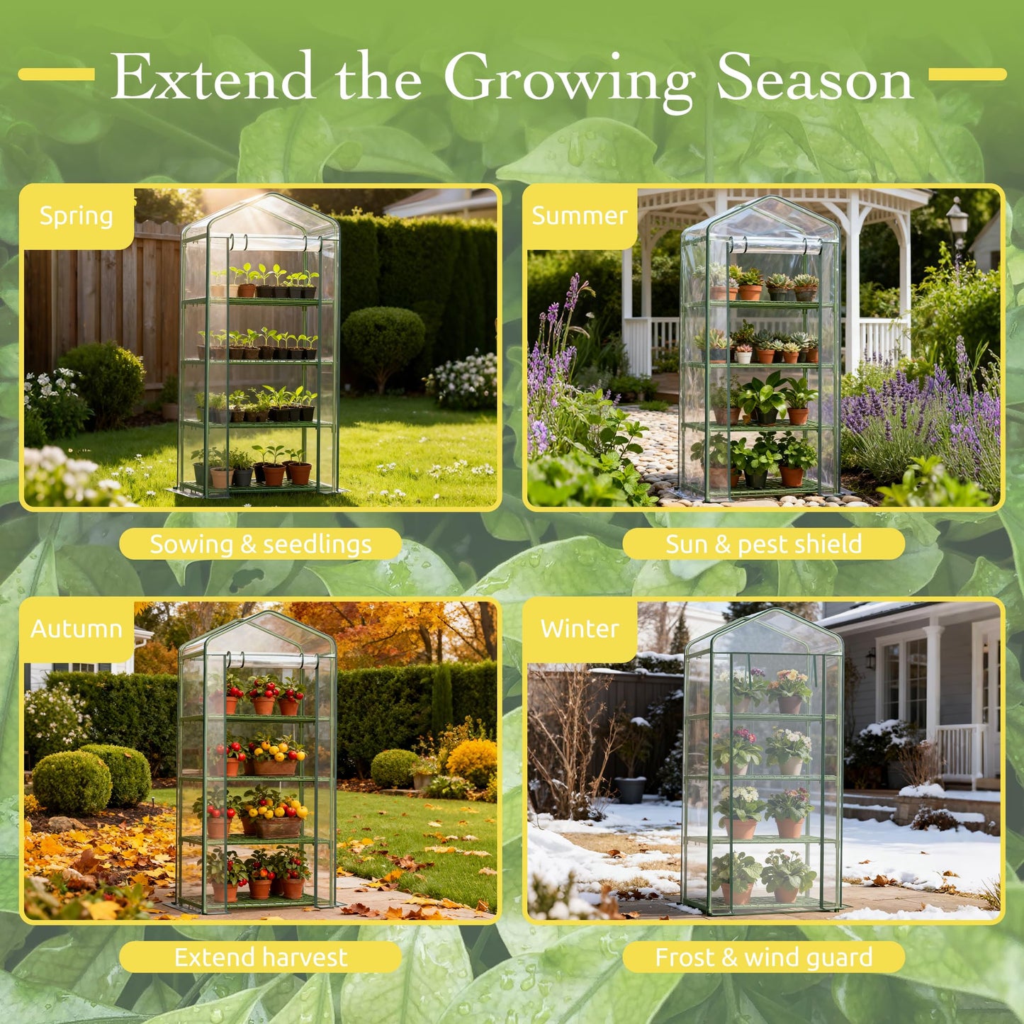 OnlyGarden Mini Greenhouse for Outdoor Indoor, 4 Tier Shelves Small Green House for Winter, Portable Greenhouses with PE-Coated Metal Frame Heavy Duty PVC Cover, Plant Rack Stand House 2.3x1.6x5.2ft