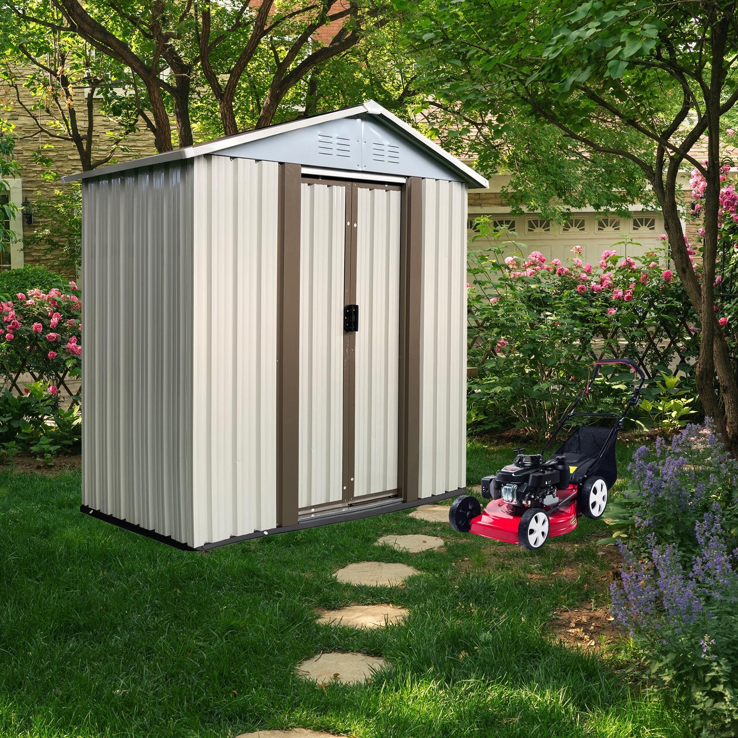 Ball & Cast 5x3 FT Outdoor Storage Shed, Metal Sheds with Punched Vents and Sliding Door, Waterproof Garden Tool Shed with Aluminum Frames and Sloped Roof for Backyard Patio,Cream White