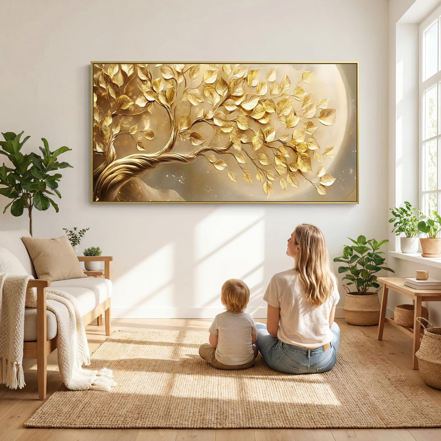 BirdSuite Gold Framed Golden Leaf Money Tree Wall Art, Luxury 3D Effect Canvas Print, Ready to Hang Wall Decor for Living Room Bedroom Office Dining Room Entryway, 48x24 Inch