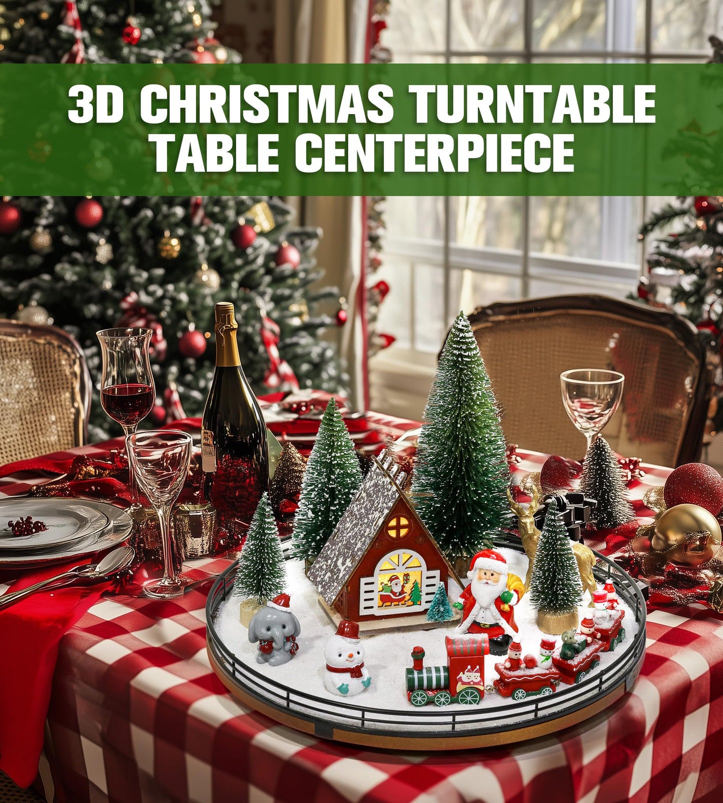 AMH 12 PCS Christmas Table Decorations Set with Oak Rotating Base – Xmas Town Village Centerpiece with Santa, Train, House, Trees & Figurines, Tabletop Decorations for Holiday Dining & Coffee Tables