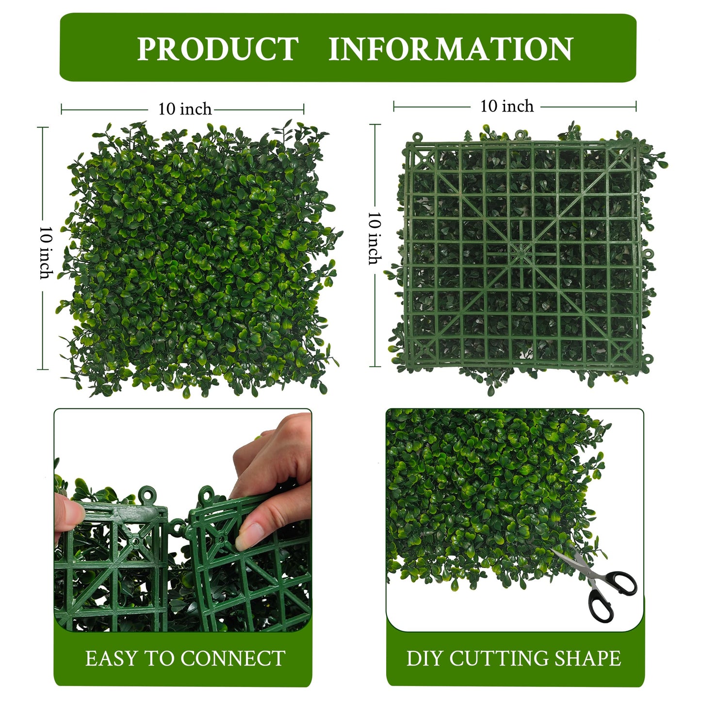 DOPGIB Artificial Grass Wall Panel,10"x 10"(12P) 4-Layer Leaf UV-Anti Greenery Faux Boxwood for Indoor,Outdoor Patio Balcony Privacy & Ivy Fence Covering Privacy, Garden, Backyard Wall Backdrop Decor