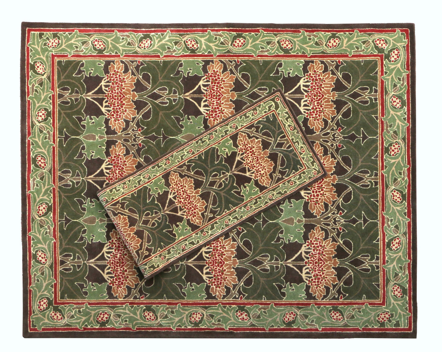 Blackamoor Rugs Handmade Area Rug Vintage Floral Pattern Green Red Brown - Without Duty and tariffs- Cecil Green (2'x2')
