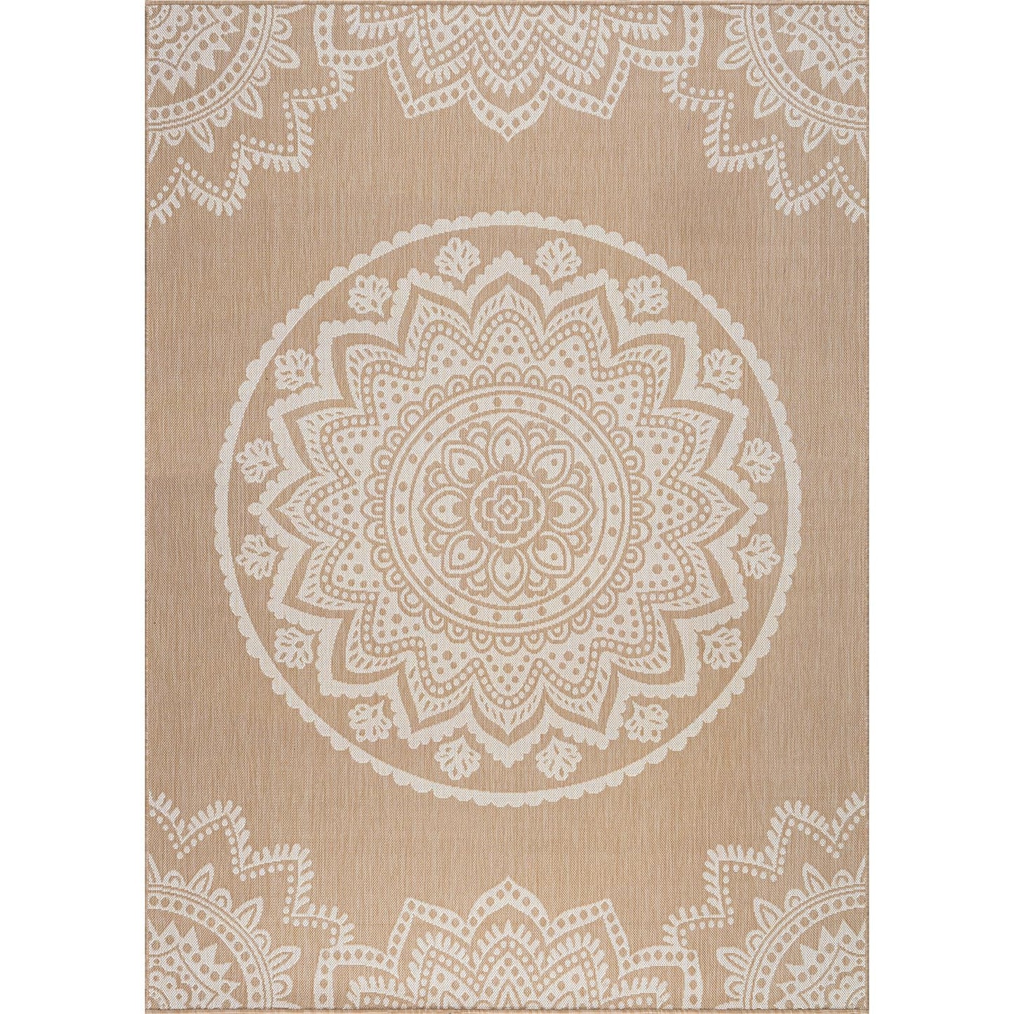 CAMILSON Outdoor Rug 8x10 Modern Area Rugs for Indoor and Outdoor Patios and Porches - Waterproof, Washable, Non-Shedding, Easy-to-Clean Outside Carpet (8 x 10, Medallion - Beige/White)