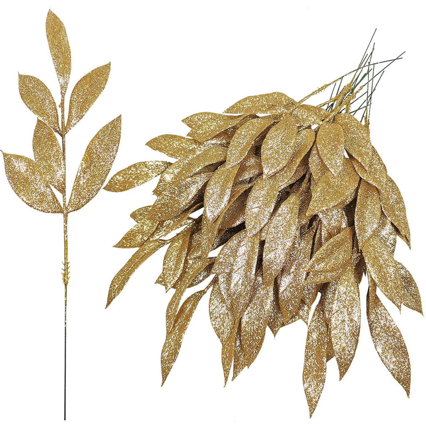 20 Pieces Gold Glittered Artificial Leaf Spray Picks 12" Tall for Christmas Winter Wedding Wreath Tree Swag Floral Arrangment Vase Bouquets Table Centerpieces Decoration