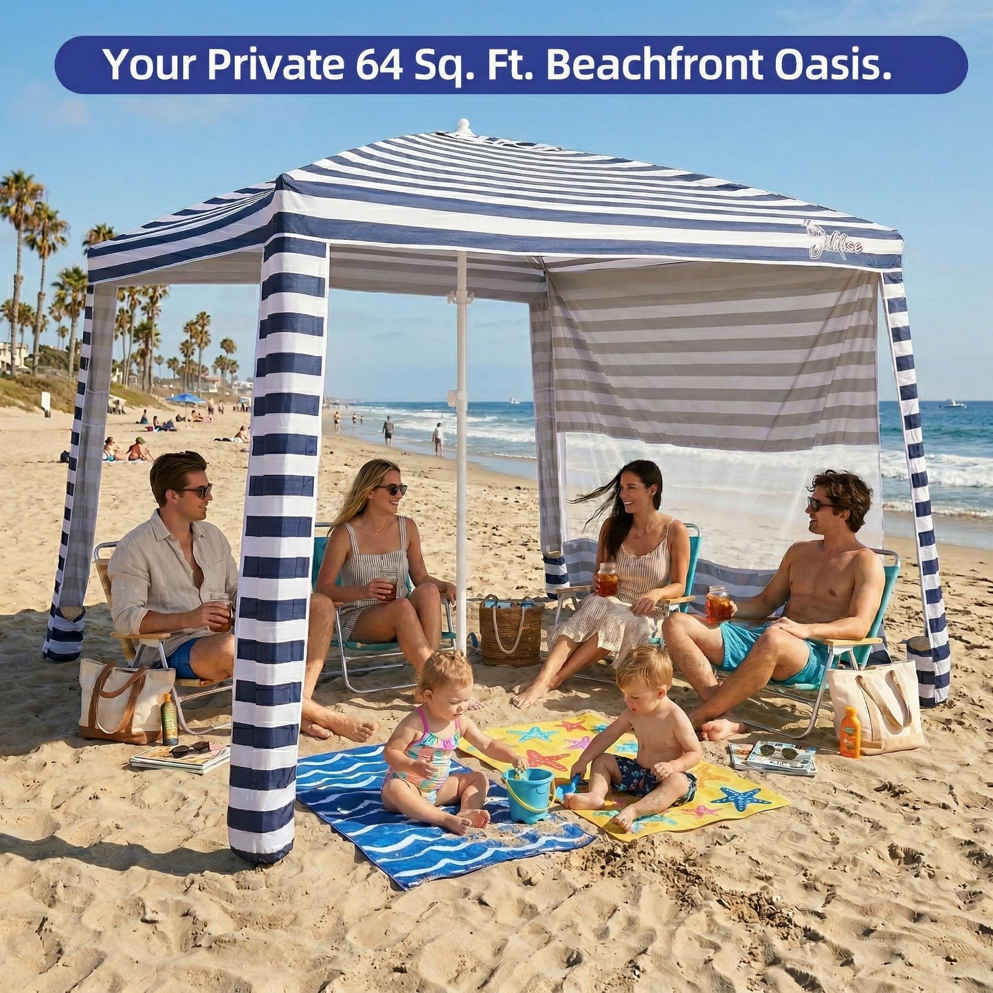 Jihfmo 8x8 Ft Large Beach Cabana Tent, UPF 100+ Windproof Sun Shelter for Family - 64 Sq Ft Big Shade Canopy with Sand Anchors & Cooling Silver Glue Coating, Easy Setup Portable Sunshade - Blue Stripe
