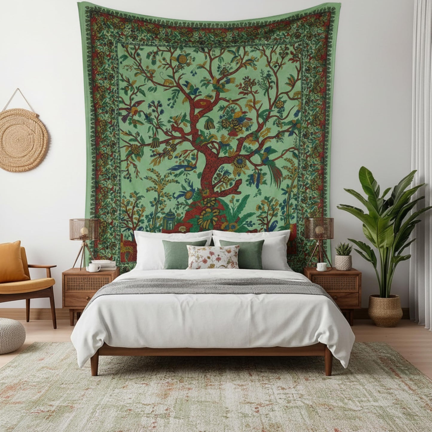 Craft Trade Indian Cotton Mandala Wall Hanging Tree of Life Tapestry for Aesthetic Boho Hippie Living Room, Meditation & Bedroom Décor (Green, 54x84 Inches)