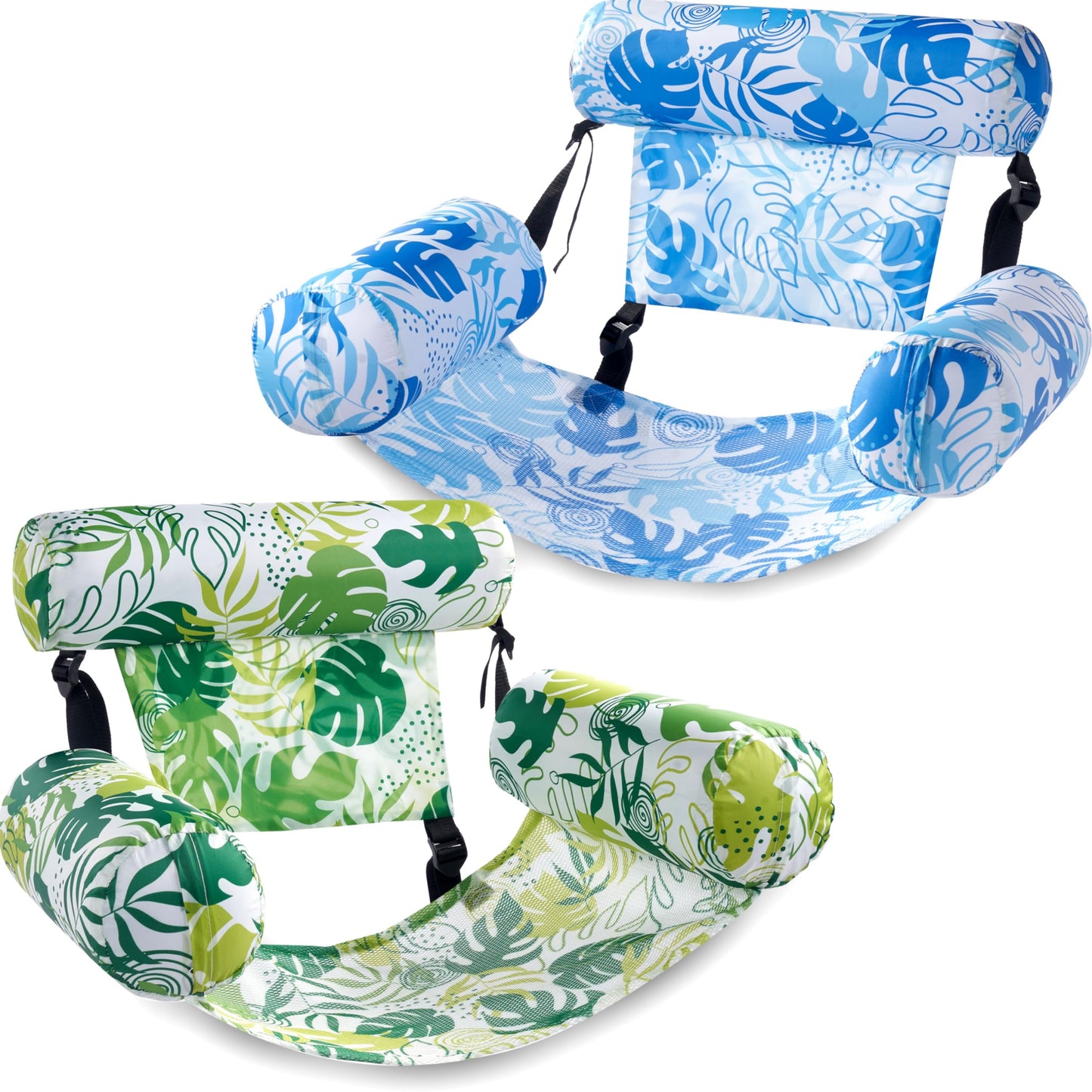 SLOOSH Inflatable Pool Floats Adult, 2 Packs Floating Lounge Chairs,Blow up Pool Noodles for Adult Heavy Duty,Floating Chair for Party Summer Water Beach Lake Fun,Summer Leaves-Green,Blue
