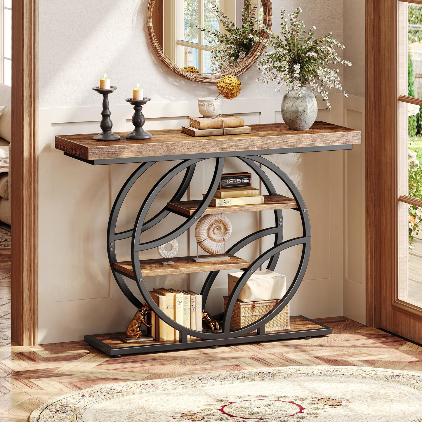 Huuger 41.3 Inch Entryway Table, Industrial Console Sofa Table with Storage, Accent Table with Shelves, for Entry, Hallway, Entrance, Foyer, O-Shaped Metal Frame, Rustic Brown