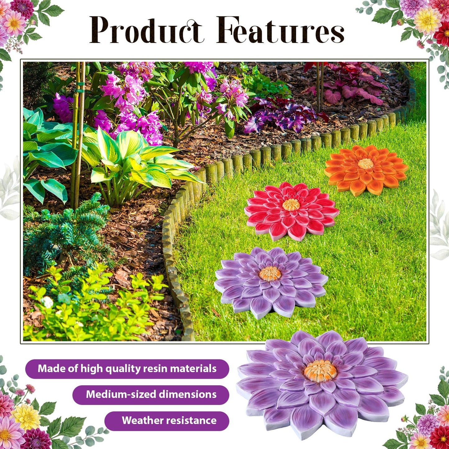 Cinnvoice 3 Pack Garden Stepping Stone Outdoor, Decorative Dimensional Resin Stepping Stones for Patio Pathway Landscaping Walkway Sculpture Yard Backyard Lawn(Dahlia,10 Inches)