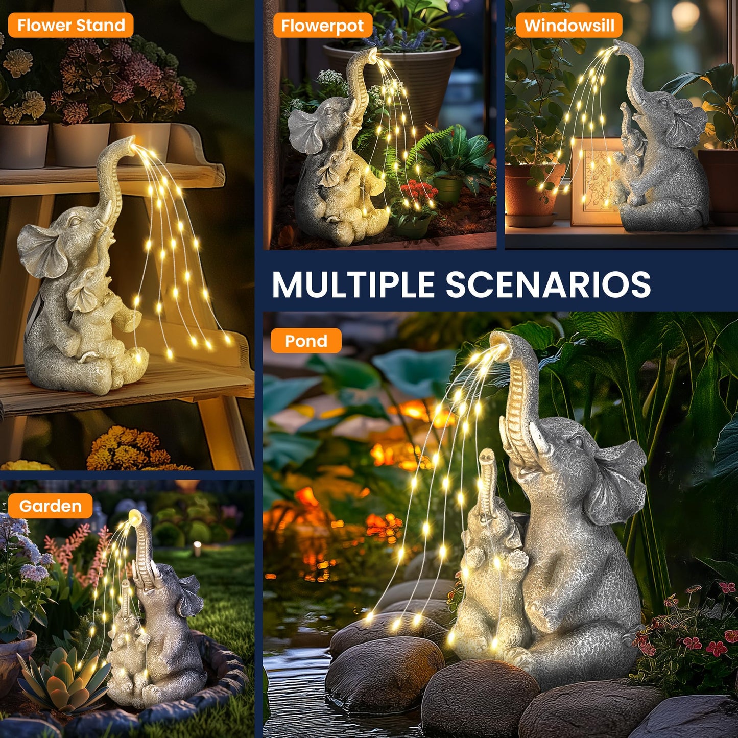 GIGALUMI Solar Garden Outdoor Statues for Women, Mom, Grandma. Elephant Figurine Housewarming and Birthday Gifts Outdoor Statue Light Decor Ornament for Backyard, Patio, Balcony, Lawn, Pond