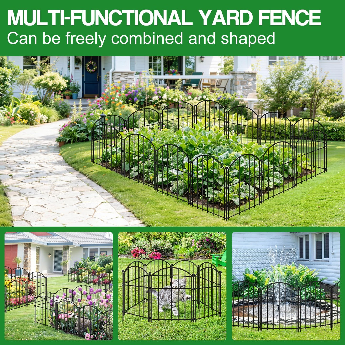 10 Pack Decorative Garden Fence Animal Barrier Fence, 17 in x 10 ft Rustproof Metal No Dig Fence Panels, Arched Small Garden Fence Barrier for Dog Rabbit Flower Bed Edging Yard Ground Patio Defense
