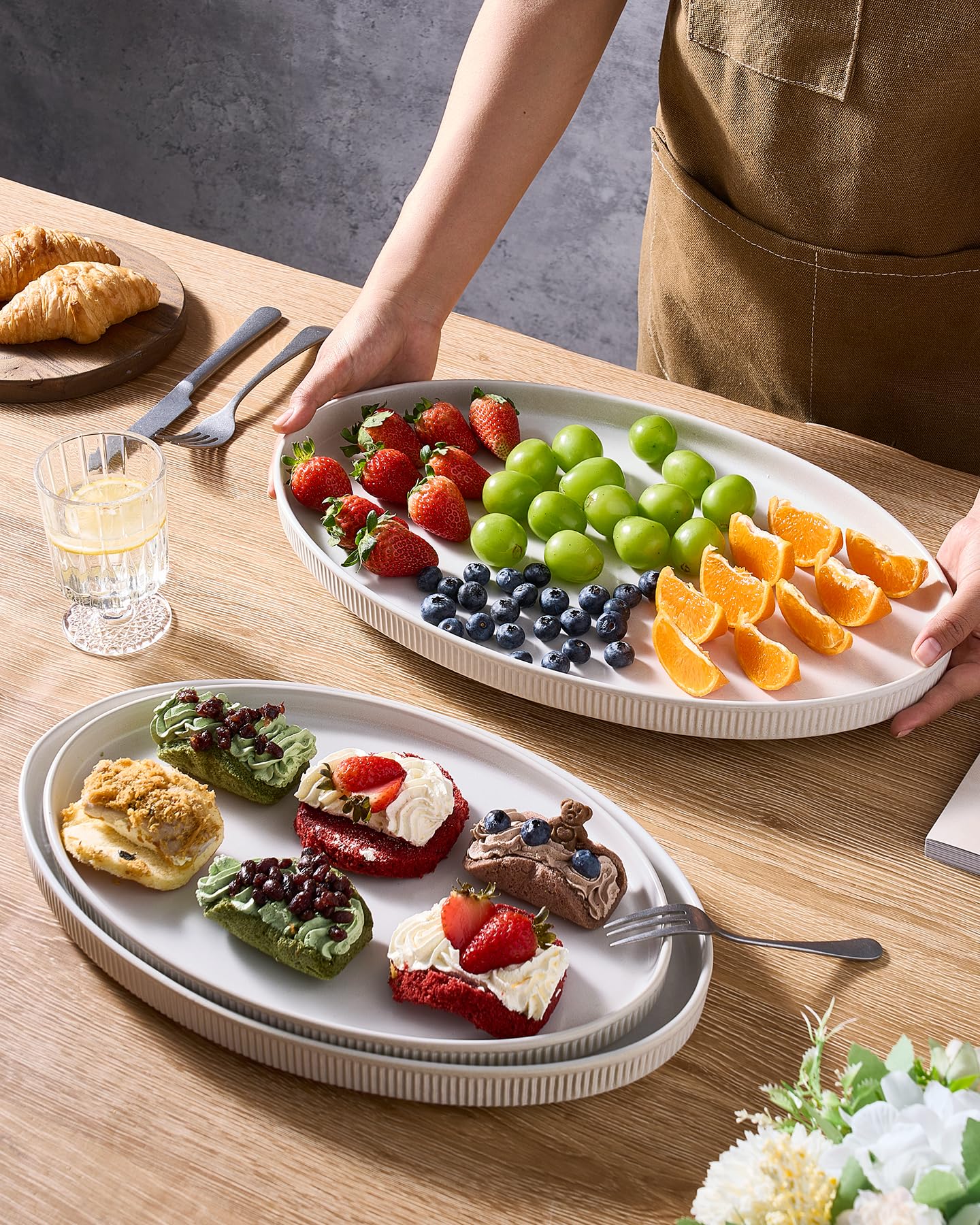 famiware Serving Platter, 16/14.6/12.9 Inch Serving Dishes for Entertaining, Party Serving Trays for Food, Buffet Oval Platters for Food, Large Plates for Bread Turkey Cheese Appetizer, Matte White