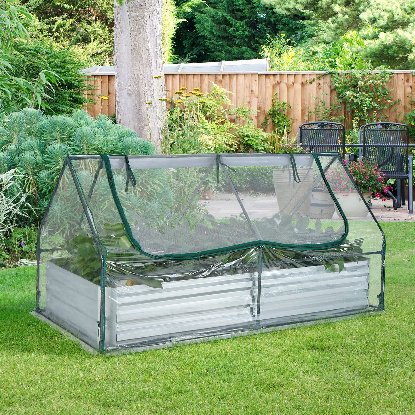 Giantex Galvanized Steel Raised Garden Bed with Mini Greenhouse, Outdoor Metal Planter Box Kit with Large Roll-up PVC Cover, 71"x 35.5"x 36" Planter Raised Bed for Growing Flower Herb Vegetable Fruit