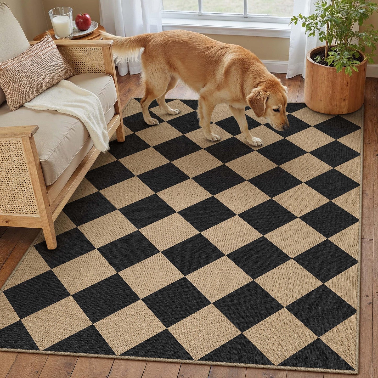 PureCozy 4x6 Checkered Easy Jute Area Rug for Living Room Checkerboard Washable Indoor Outdoor Carpet Farmhouse Patio Office Mat Geometric Non Slip Black Carpet for Dorm Backyard Dining Room