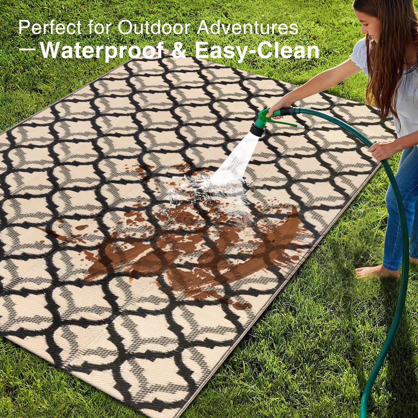OLANLY Reversible Outdoor Rug 5x8 ft Clearance, Waterproof Outdoor Plastic Straw Rug with Interlacing Pattern, RV Mat for Patio, Camping, Balcony, Deck, Backyard, Black & Beige