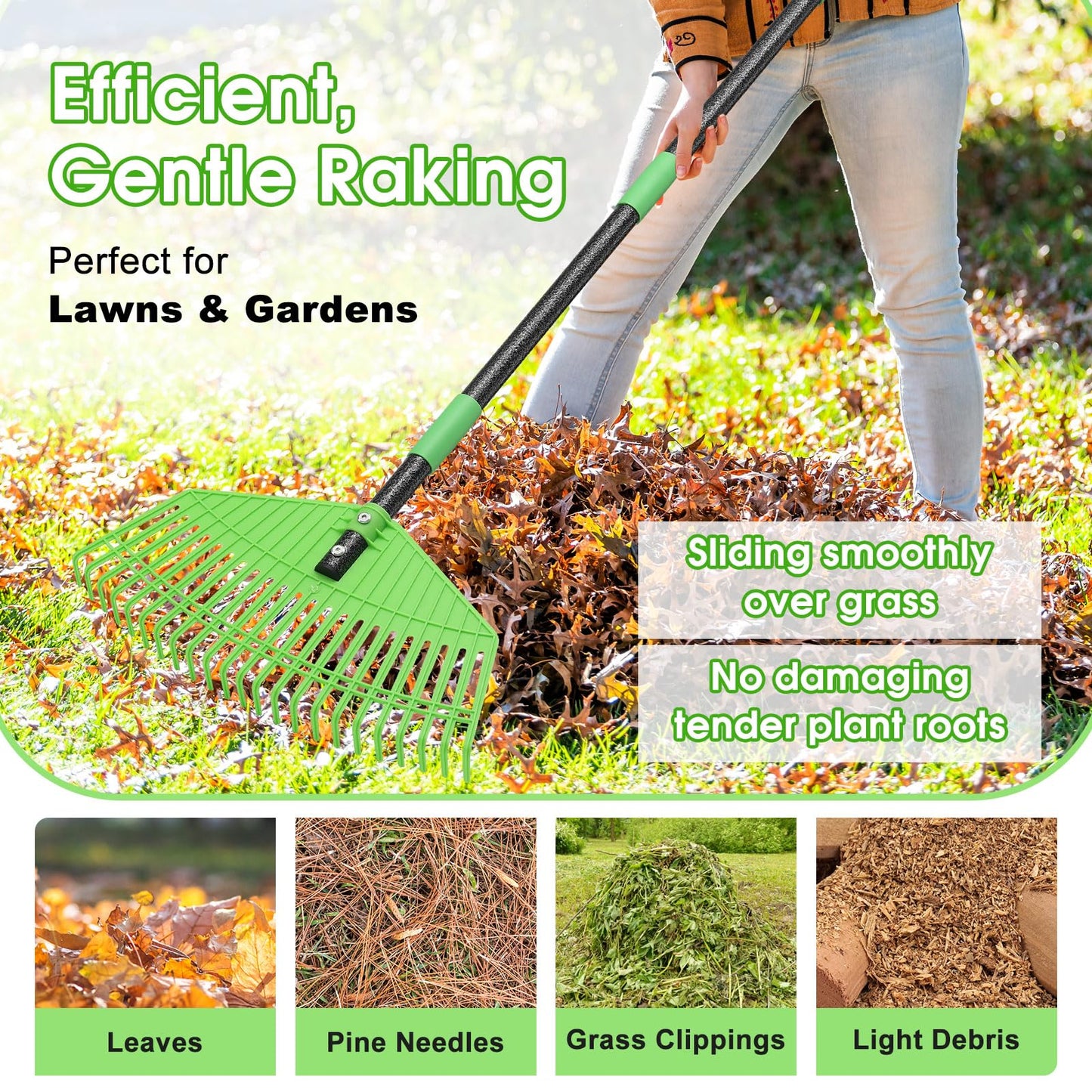 Garden Leaf Rake,16.5” Plastic Leaf Rake for Lawn,Unbreakable Nylon Head, No Harm to Lawn Grass,Yard Raking Tools for Turf Leaves Thatch Debris Pine Needle Cleanup, Lightweight for Kids Seniors