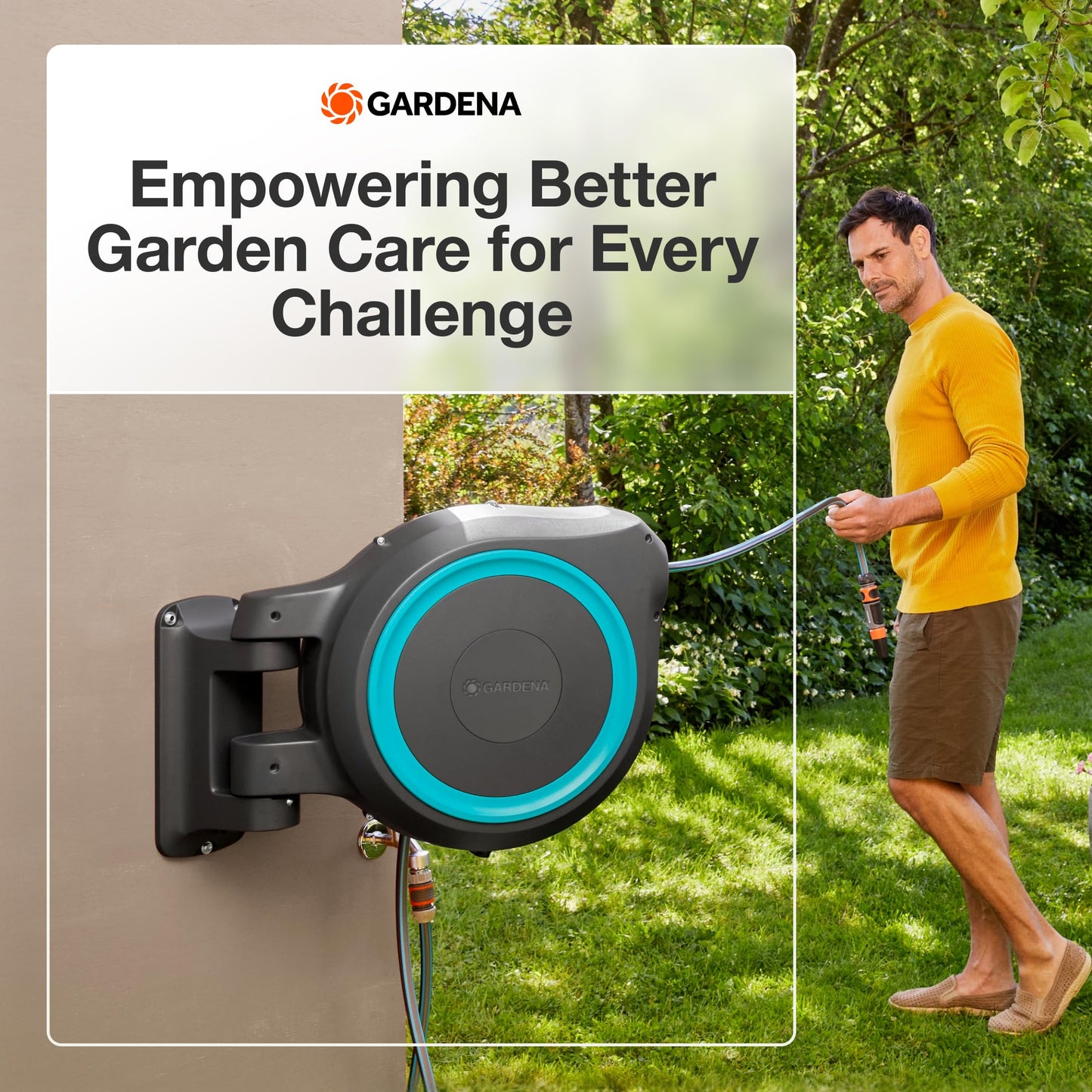 GARDENA (18630) Retractable Garden Hose Reel 115' x 1/2" Wall Mounted, Automatic Retraction & Length Lock for Easy Watering. Heavy Duty Swivel Bracket 180°, Includes Nozzle. Made in Europe
