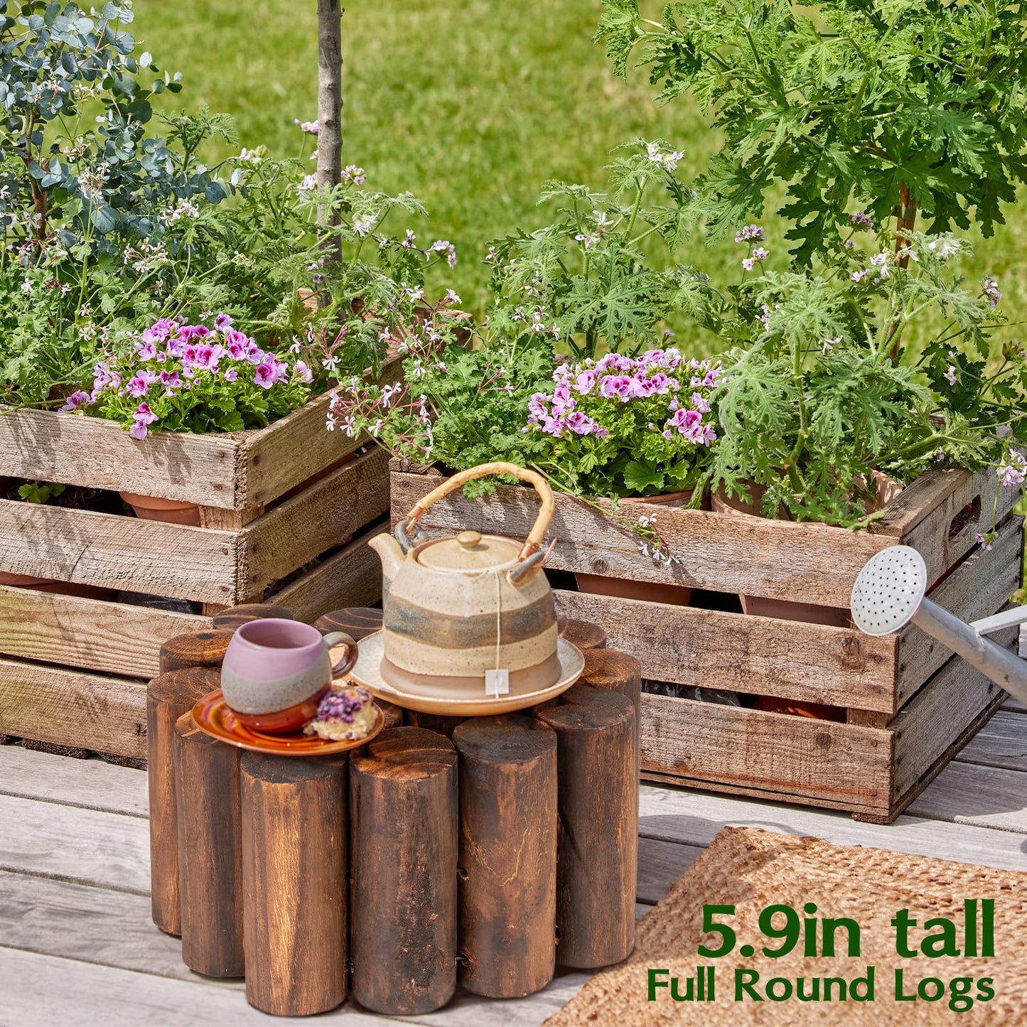 Wood Garden Edging for Landscaping, Round Log Fence Border for Flower Beds, Heavy-Duty Carbonized Pine with Rustic Look, Pre-Connected Natural Logs for Outdoor Paths and Lawns (11.8" H x 35" L, 1Pack)