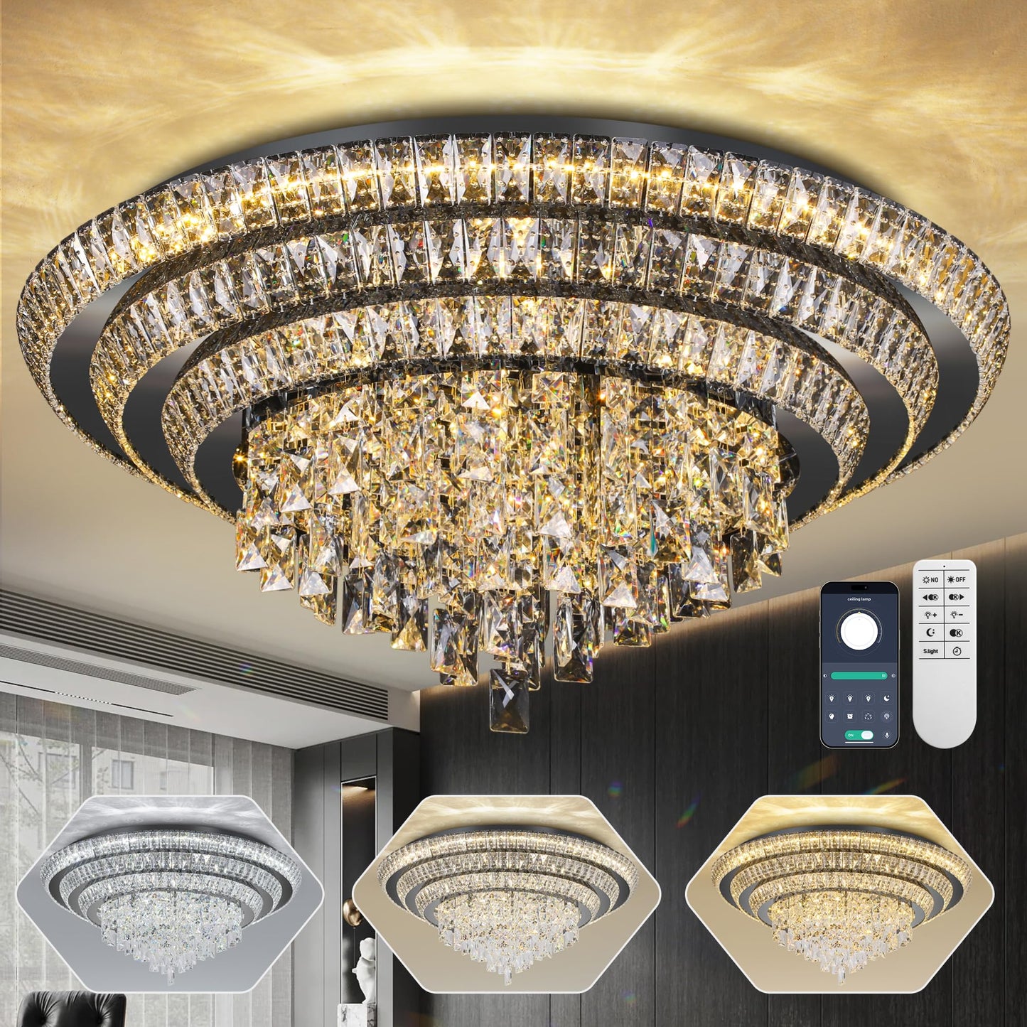 30 inch Crystal Flush Mount Black Chandelier, Modern Raindrop LED Ceiling Light, 3CCT Dimmable & Brightness Adjustable,Remote/APP ,Elegant Chandeliers for Bedroom Hallway Dinning Room Living Room