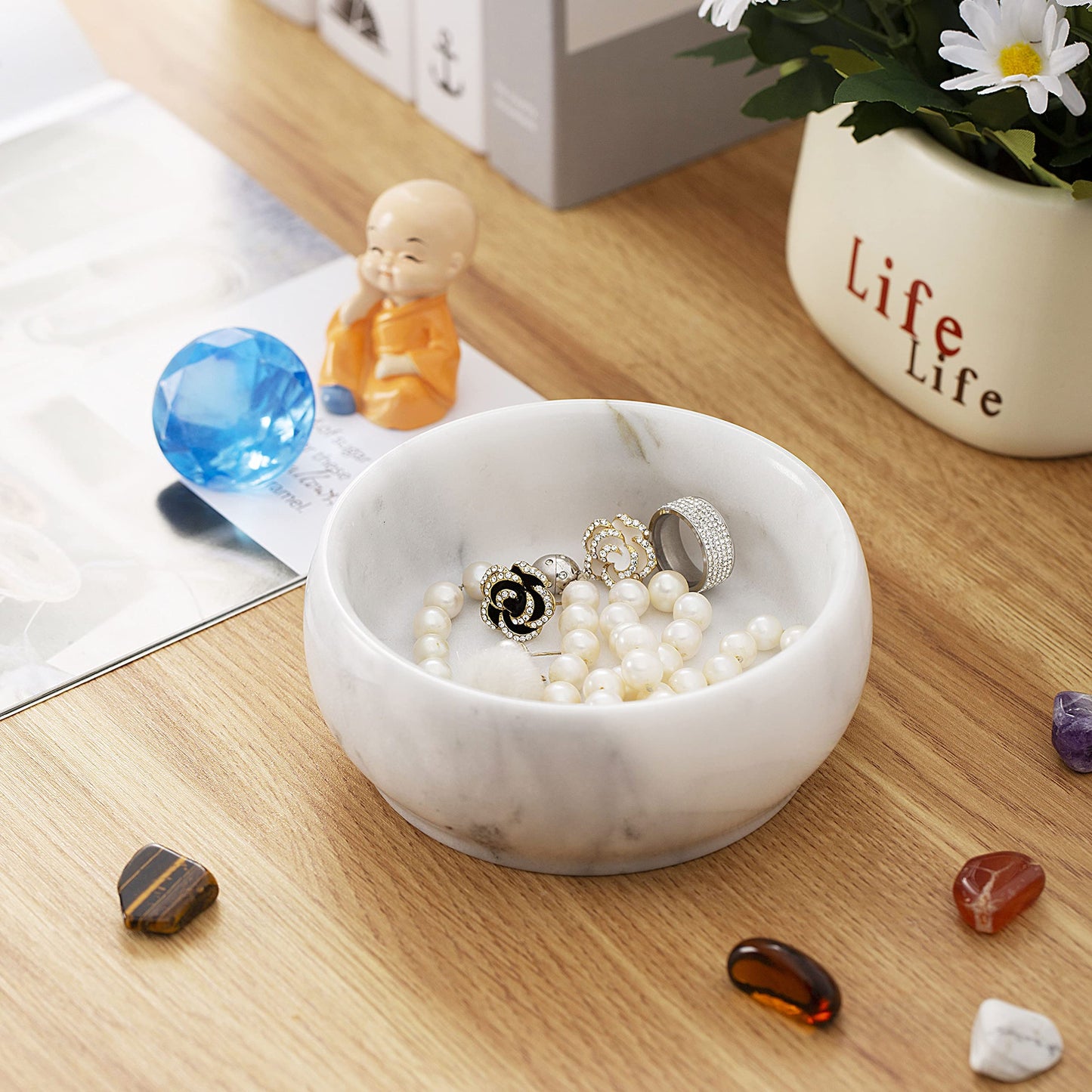 4.72 Inch Natural Marble Jewelry Dish, Mothers Day Gifts Small Decorative Bowl Ring Dish Trinket Holder Key Catchall Bowls, Vanity Tray for Display Home Decor Wedding Gift(White & Light-grey)