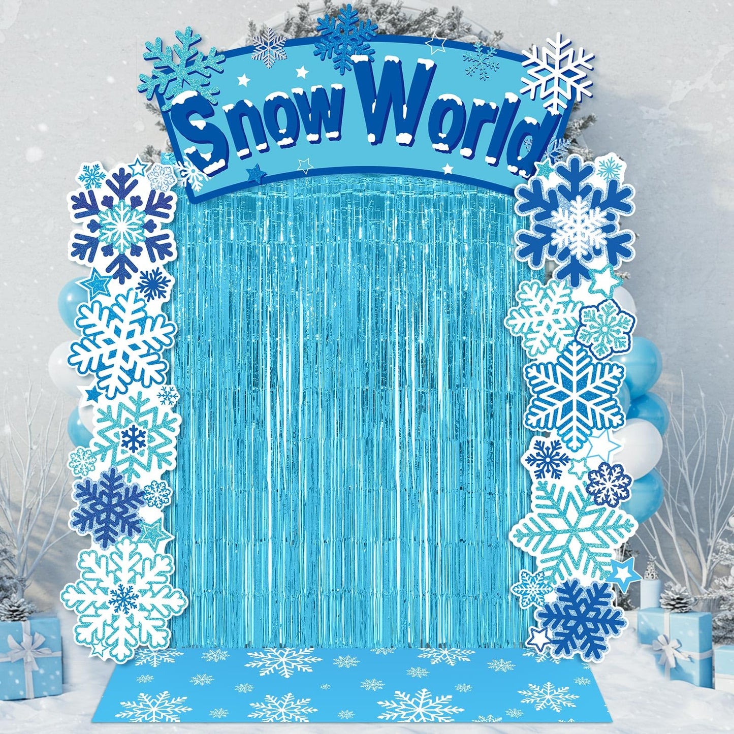 VitalCozy 7pcs Birthday Party Decorations Snowflake Tinsel Foil Fringe Curtains Porch Banners Snow Rug Backdrop for Wonderland Party Decoration Winter Supplies
