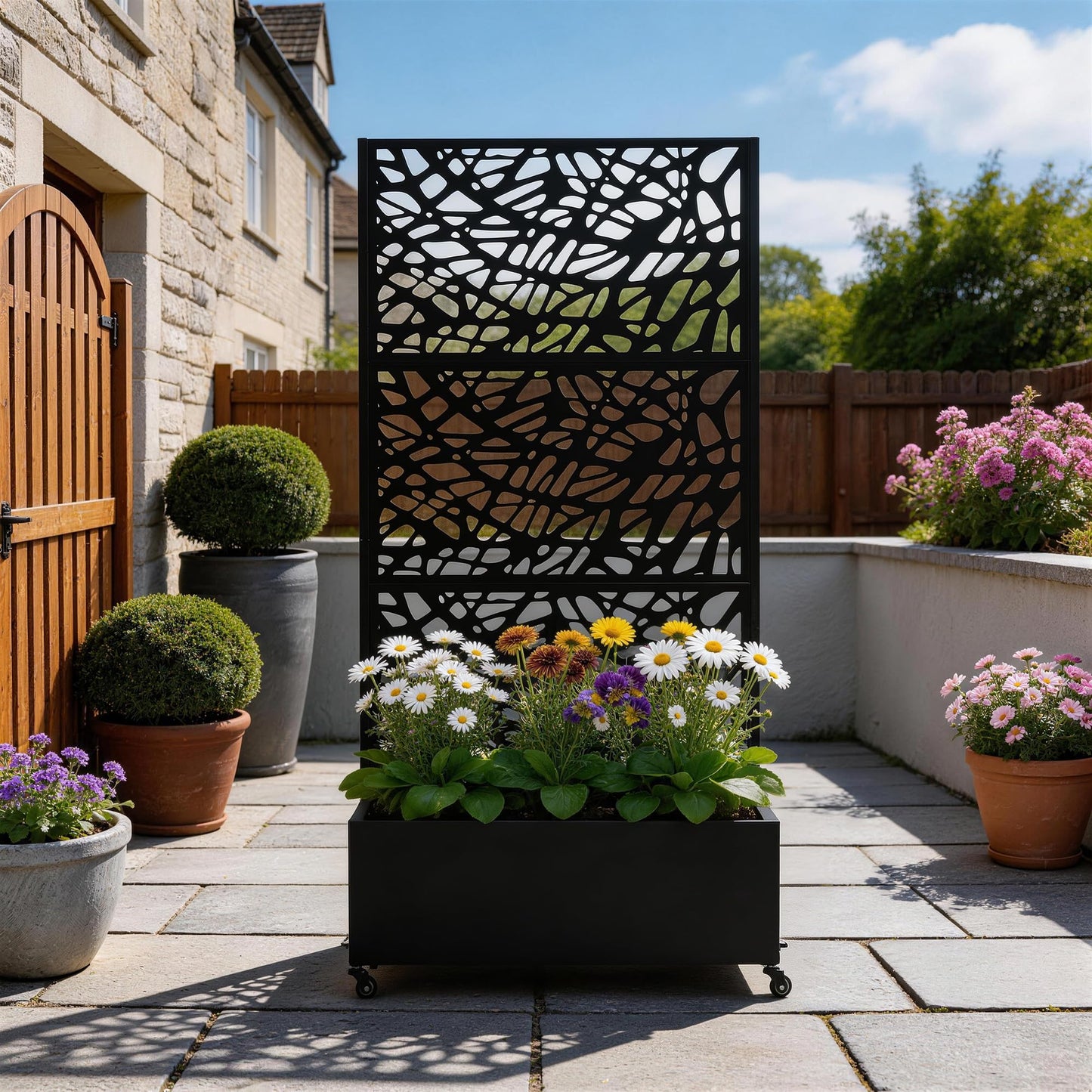 UIXE Metal Planter Box with Trellis, Outdoor Galvanized Raised Garden Bed with Privacy Screen & Drainage Holes, All Weather Lockable Casters Patio Planter for Backyard, Organic Fracture - 71"H x 35"W